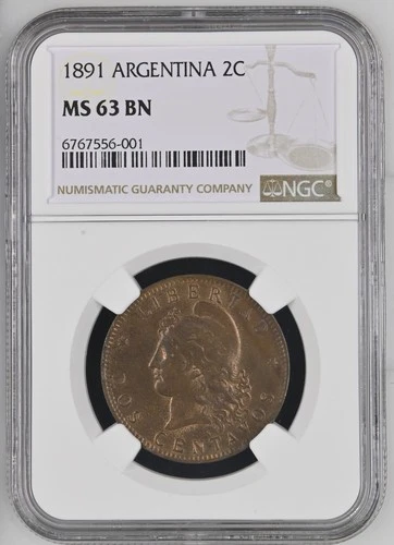 1891 ARGENTINA Dos 2 CENTAVOS 2C COIN NGC MS 63 BN 