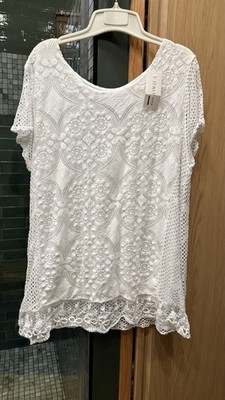 ITALY Moda Short Sleeve Mesh Top with Lace Overlay White New With Tag