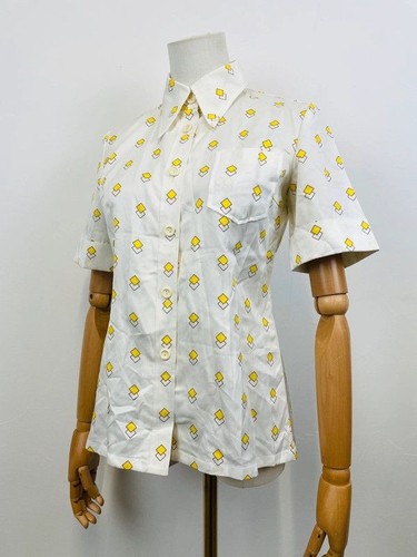 Vintage 70s Japanese White Yellow Geometric Print Dagger Collar Uniform Shirt 8 - Picture 5 of 7