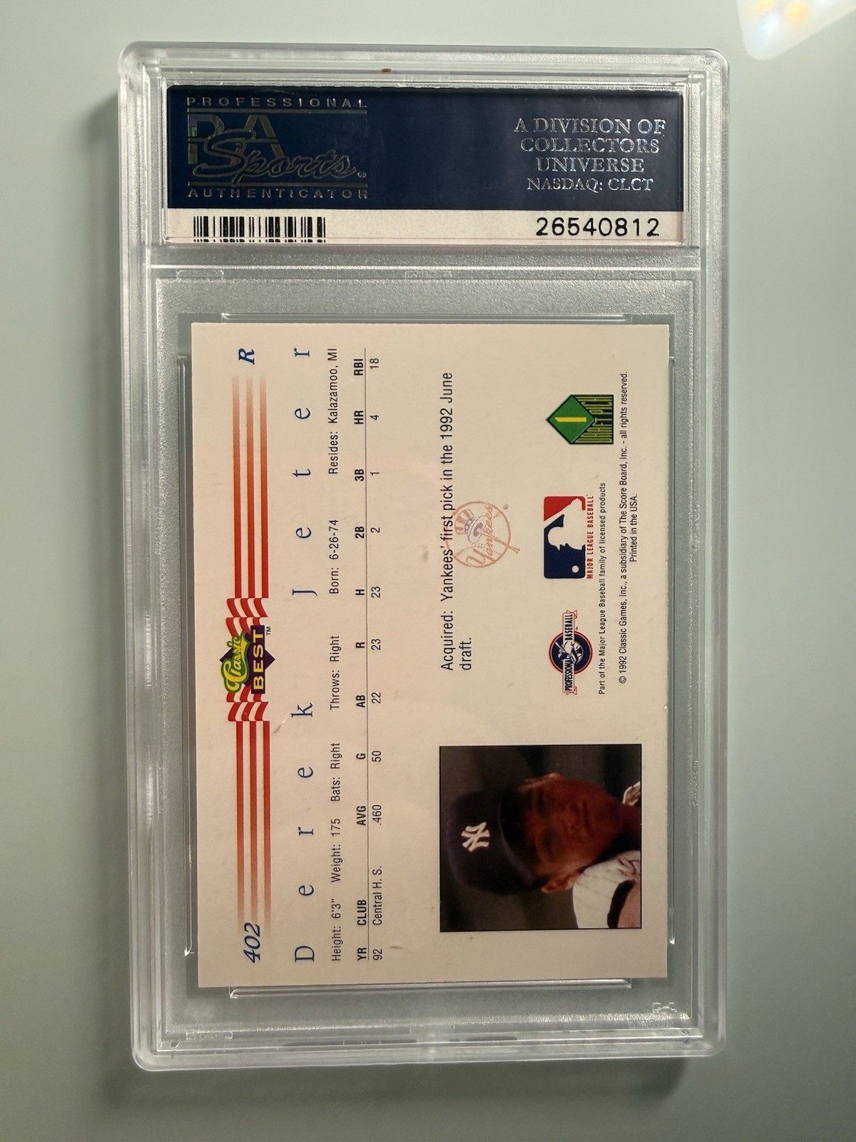 1992 CLASSIC BEST #402 DEREK JETER RC YANKEES HOF PSA 10 view 2
