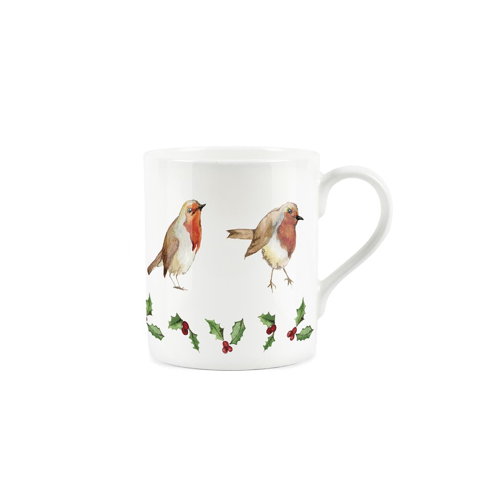 Christmas Robins & Holly Watercolour Handpainted Bone China Mug