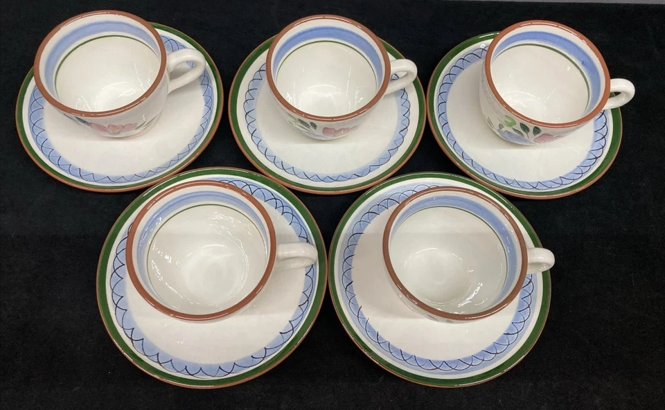 Stangl Pottery Fruit and Flowers Cups and Saucers 7oz Set of 5 - Image 3 of 4