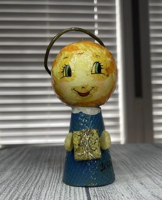 Vintage 1960s De Sela Paper Mache Angel Girl Christmas Ornament Blue Dress Gift