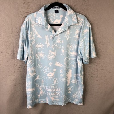 Bahama Hand Prints Polo Shirt Mens Large Blue Bahama Islands Map Print Stretch