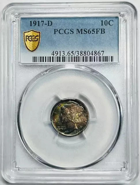 1917 D Mercury Dime PCGS MS-65 FB Very Pretty! Rainbow Toning