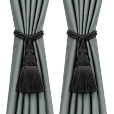 2 Pack Curtain Tie Backs, Rope Tassels, Black, Decorative Drape Clips