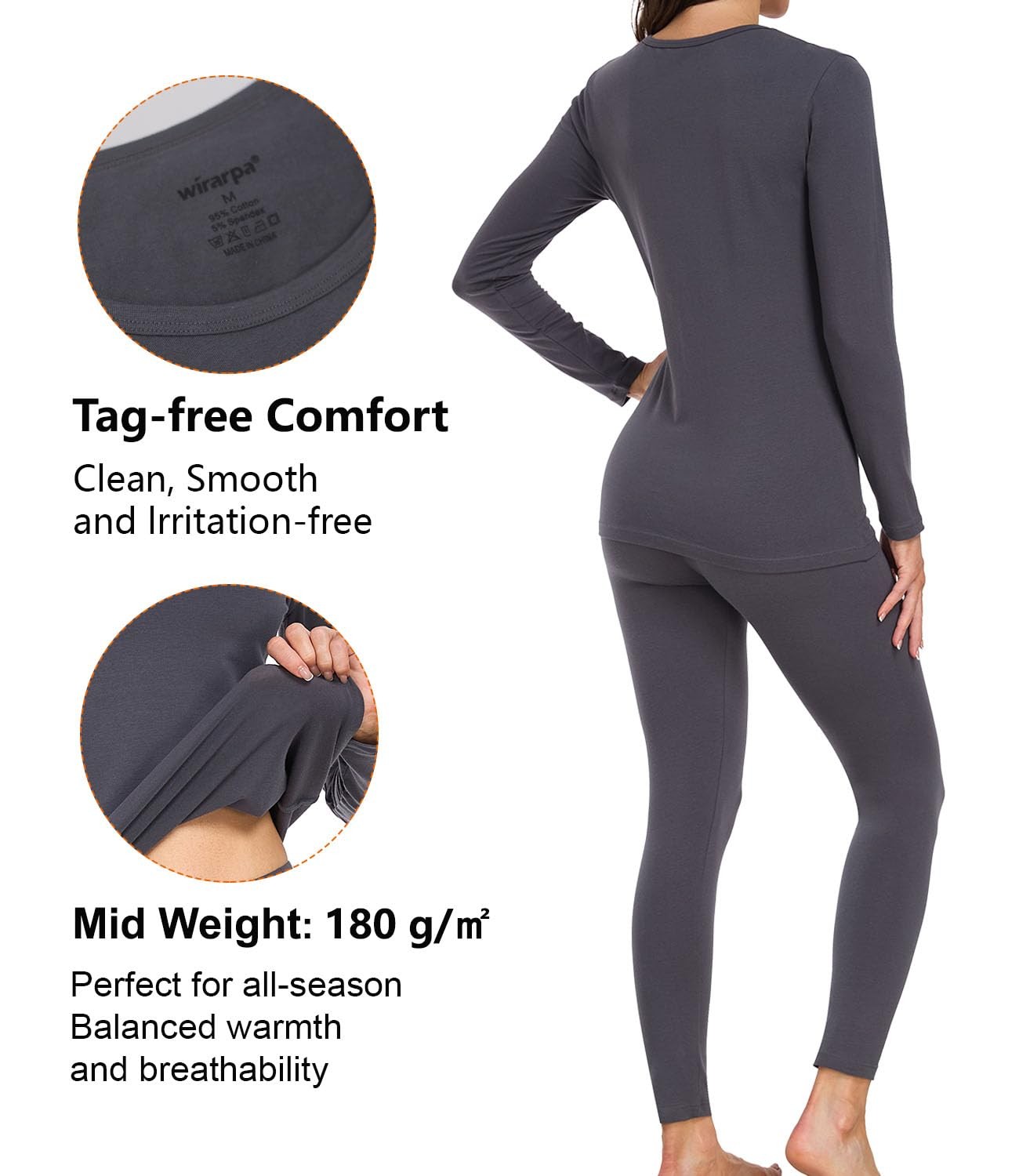 Womens Cotton Thermal Long Johns Pajama Set, Size M, Deep Grey