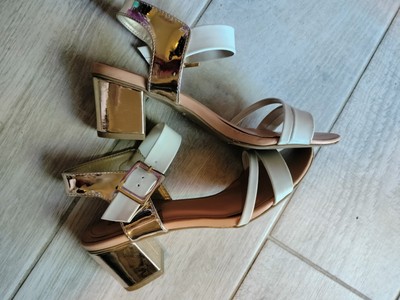 Avon Cushion Walk Chunky Heel White Sandals With Gold Heel