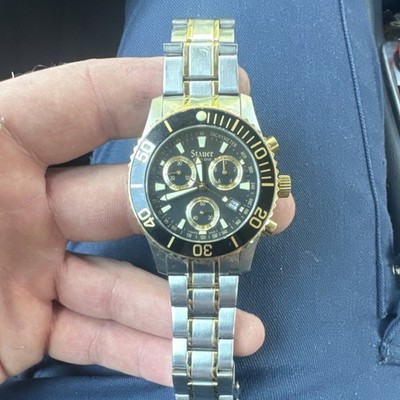 Stauer Dive Two-Tone Stainless Steel Chronograph Wristwatch, Black Dial
