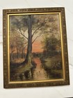 Antique Oil On Canvas Painting Woods Sunset Stream Birds C. Late 1800’s 14x11” — photo 1