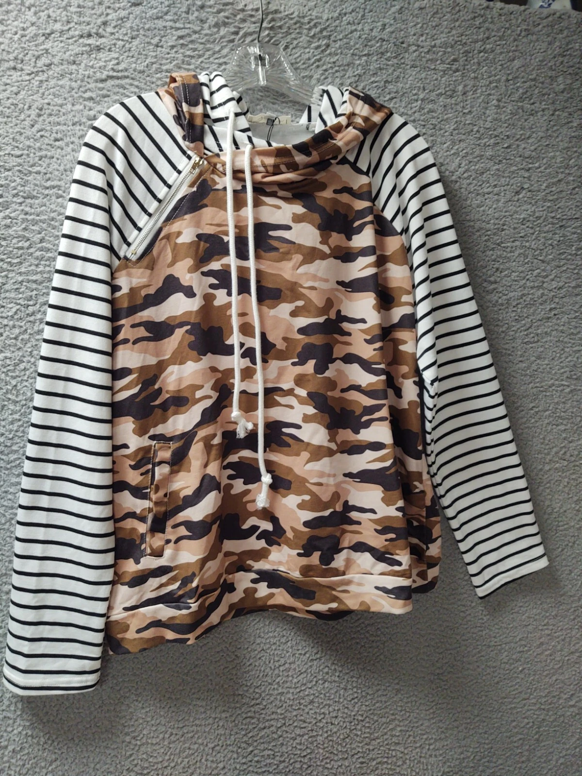 Fashion Womens Hoodie XL Camo Stripe Pullover Zipper Sweatshirt Pockets NWT 0256