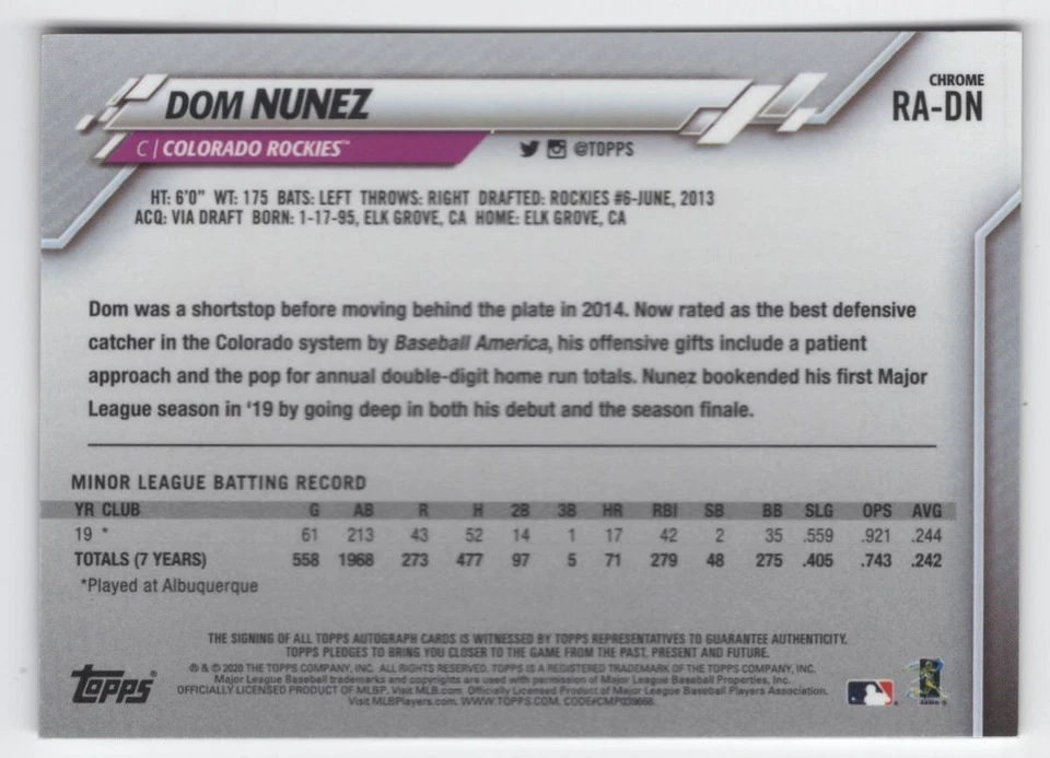 2020 Topps Chrome Rookie Autographs Dom Nunez Auto Colorado Rockies #RA-DN R93 - Image 2 of 2
