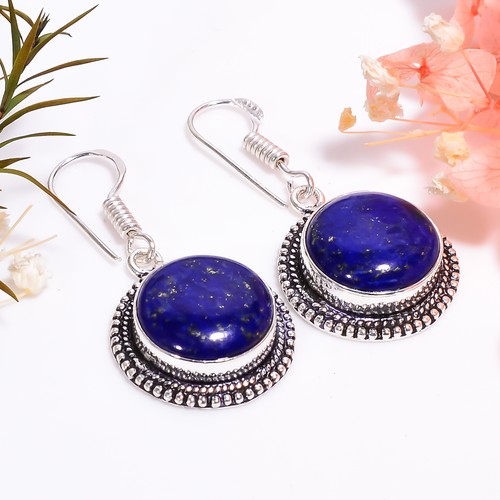 Boucles D'oreilles Goutte En Lapis Lazuli Naturel Plaqué Or Sur Argent 925 - Style Bobo - Fait Main