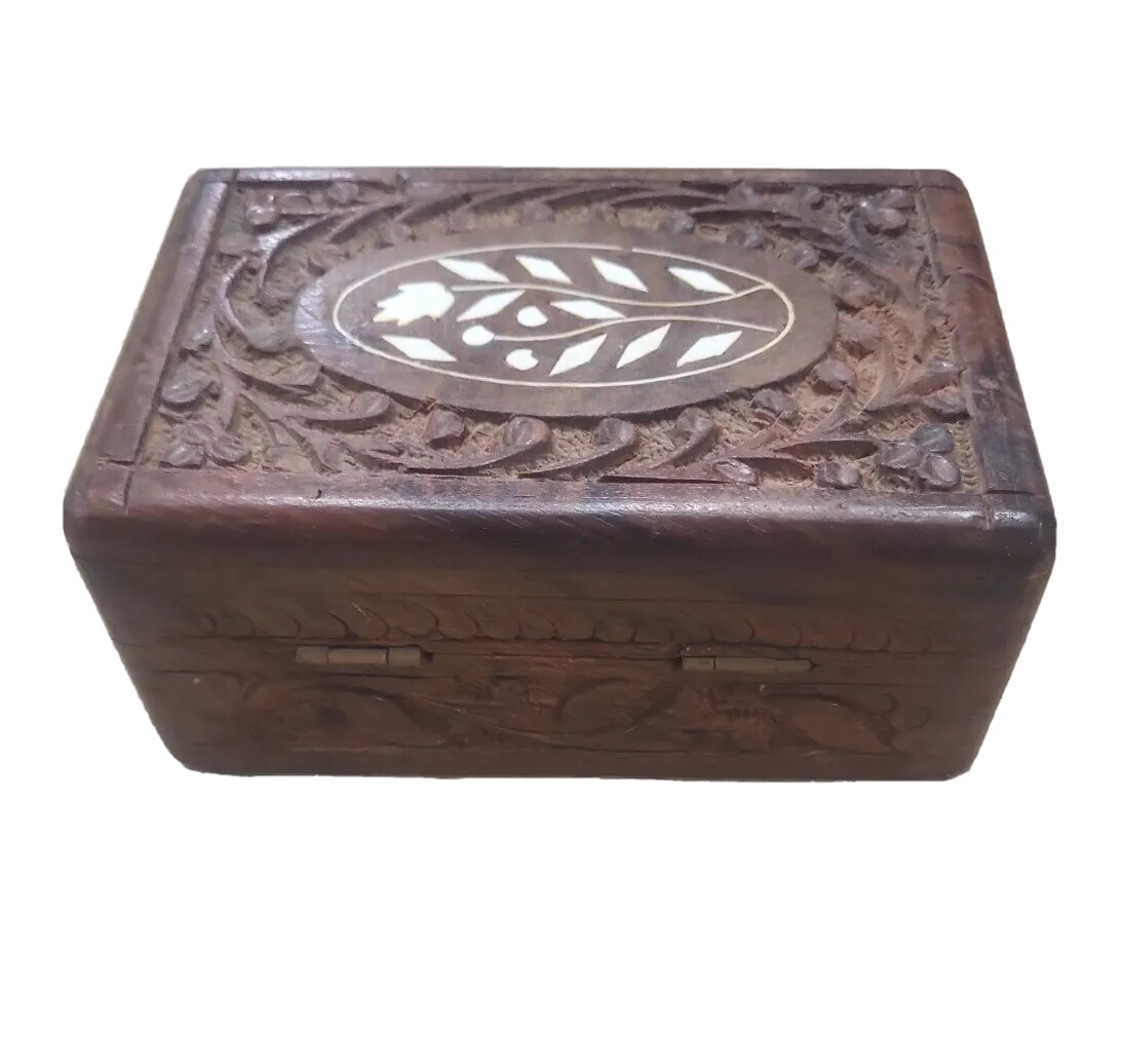 Vintage Hand Carved Wood Box with Mother of Pearl Floral Inlay