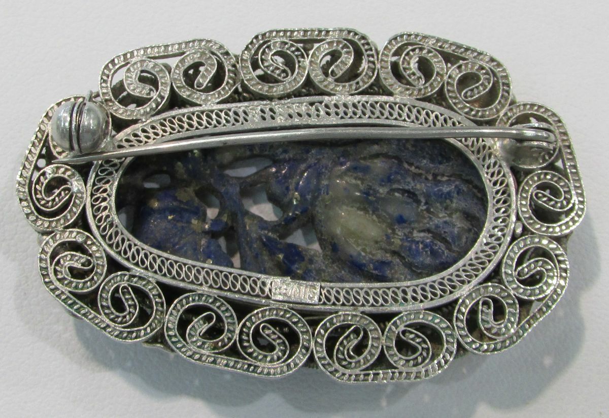 Broche Ancienne Chinoise En Argent Filigrané Avec Corail, Turquoise Et Lapis Lazuli - Occasion Bon état