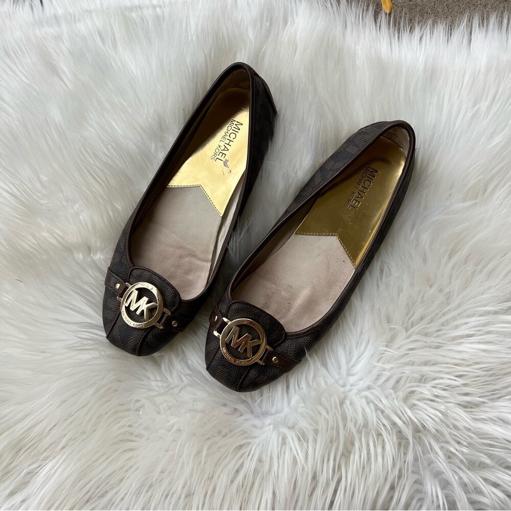 Michael Kors Brown Leather and Gold Fixture Flats Shoes | eBay