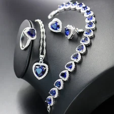4pc Set Heart Ocean Blue Topaz Gemstone Women Pendant Bracelets Earring Ring NEW