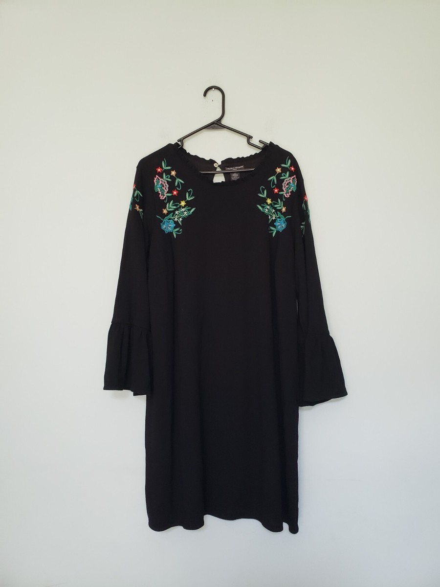 Chelsea Theodore Womens Plus 2X Dress Embroidered Floral Boho Flare Sleeve  Black | eBay