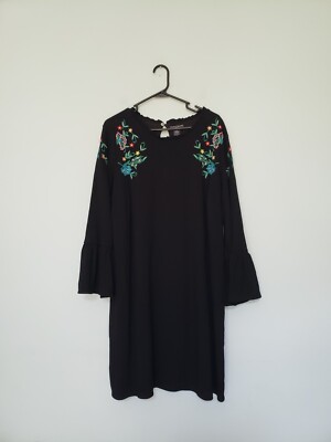 Chelsea Theodore Womens Plus 2X Dress Embroidered Floral Boho Flare Sleeve  Black | eBay