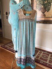 pakistani shalwar kameez size M teal velvet border long dress sequins chiffon