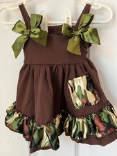 Brown camouflage sundress with matching ruffle bottomed diaper cover