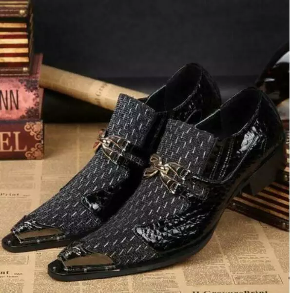 Mens Metal Pointed Metal Toe Patent Leather Dress Formal Shoes Snakeskin  Pattern