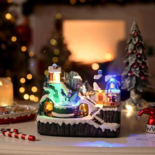Christmas Village Scene with LED Lights and Moving Train, Battery Operated Music - Picture 2 of 6