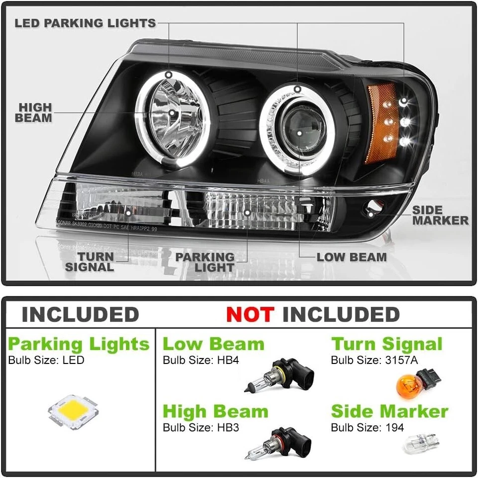 Proyector carcasa negra anillo halo LED para Jeep Grand Cherokee 1999-2004 ACANII-Para Jeep Grand Cherokee Foto 2 de 4