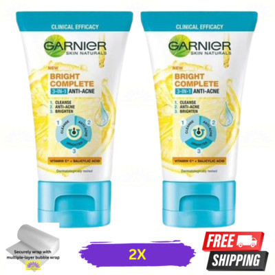 2 X Garnier Bright Complete 3-in-1 Anti Acne 90ml Foam Facial Wash Deep Cleaning