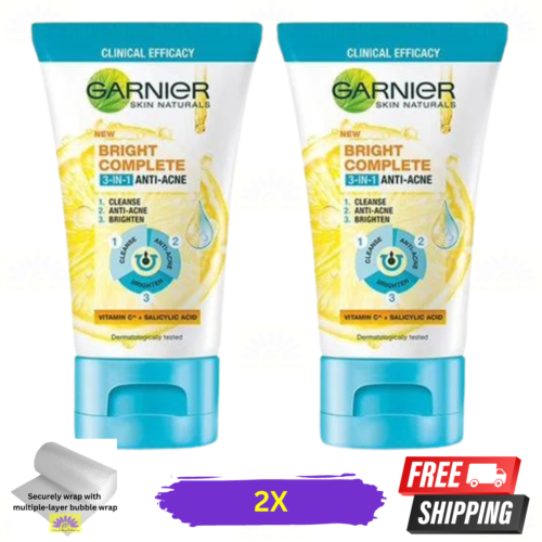 2 X Garnier Bright Complete 3-in-1 Anti Acne 90ml Foam Facial Wash Deep Cleaning - Picture 1 of 8