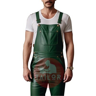 Mens Genuine Soft Leather Green Bib Overall Dungaree Jumpsuit Suit Uniform  Men's