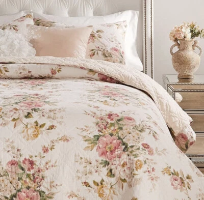 GREENLAND HOME FASHIONS ROSE GRACE ROMANCE 3pc King QUILT SET : COZY COTTAGE CHIC PINK SHABBY FLOWERS