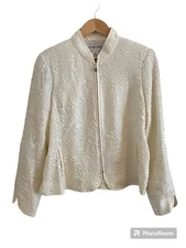 Victor Costa Womens Size 14 White Gathered Fabric Light Jacket Zip Up