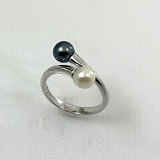 Twin AAA Black  White Freshwater Pearl Cocktail Ring   .925 Sterling Silver