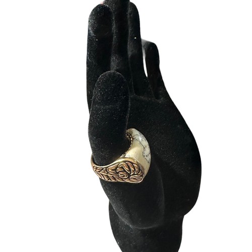 Vtg Barse Thailand Gold Tone Scroll Leaf Large Howlite Cabachon Ring Sz 8 Unisex - Picture 9 of 17