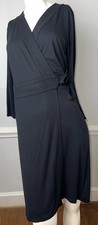 Ann Taylor Womens 6 Dress Wrap Black V-Neck Knit Stretch 3/4 Sleeve Tie Belt