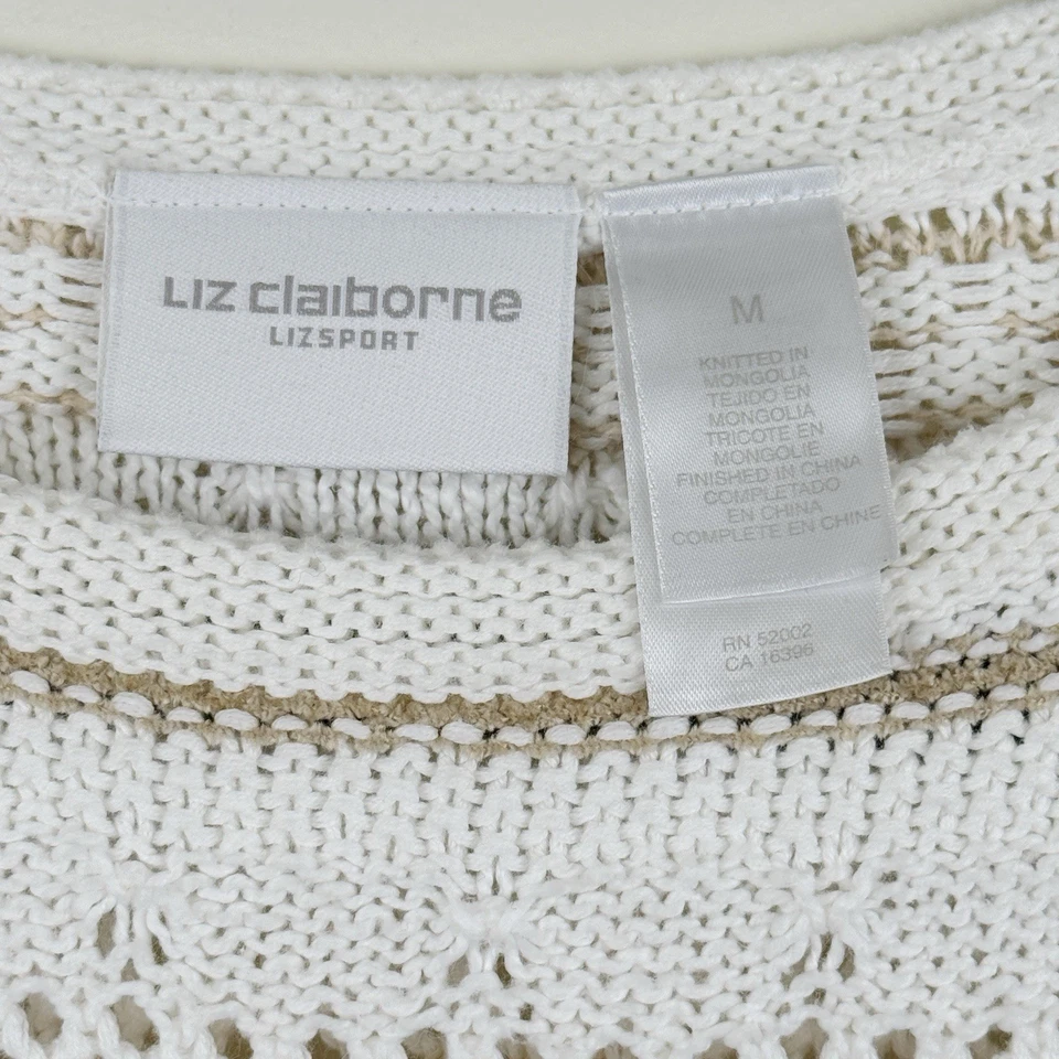 Suéter Pullover Liz Claiborne LizSport Para Mujer Mediano Blanco Beige Tejido Abierto Foto 4 de 4