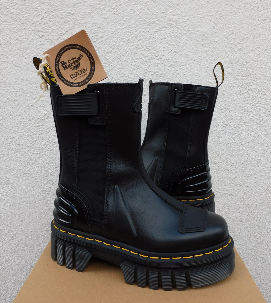 DR. MARTENS BLACK LEATHER AUDRICK CHELSEA HI PLATFORM BOOTS, WOMEN