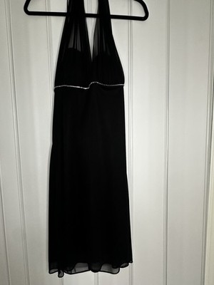 Betsy & Adam Black Halter Maxi Dress Rhinestone Trim Chiffon Lined 16