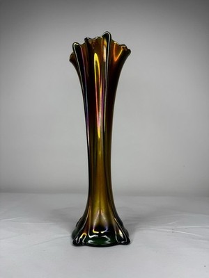 Antique Carnival Glass Four Pillar Vase Howard Furniture Co. Green Iridescent