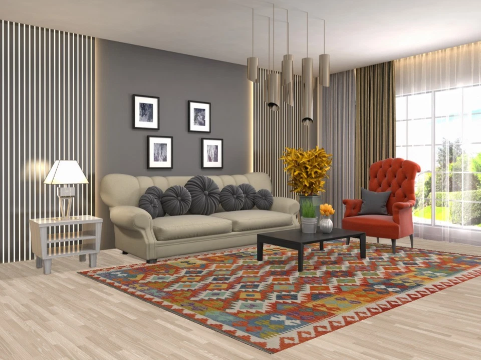 Alfombra de sala de estar Kilim 7x10 lana tejida a mano alfombra reversible suroeste Foto 2 de 4