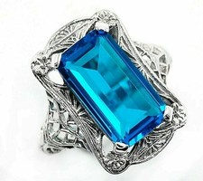 10CT Natural Blue Topaz 925 Solid Sterling Silver Vintage Style Ring Sz 7