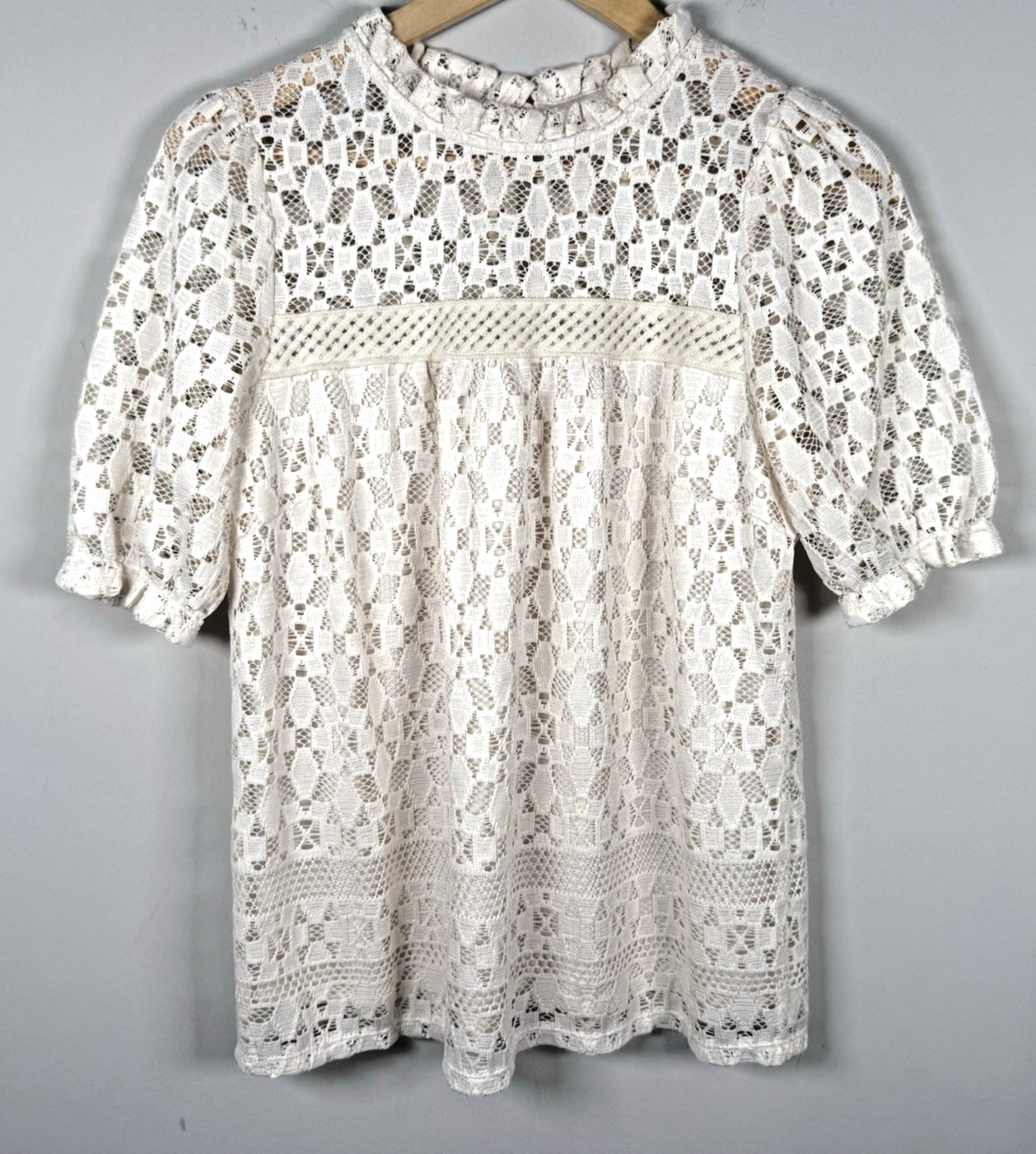 Monteau Ivory Lace Short Sleeve Blouse Top Coquette Peasant Boho Women's M