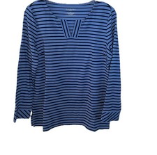 EUC Talbots Petite M Ottoman Stripe Tunic Blue Split Neckline Long Sleeve L4