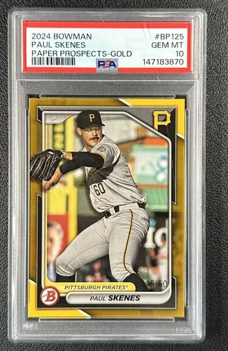 PAUL SKENES PSA 10 2024 BOWMAN BASEBALL #BP-125 PROSPECT GOLD 45/50 PIRATES