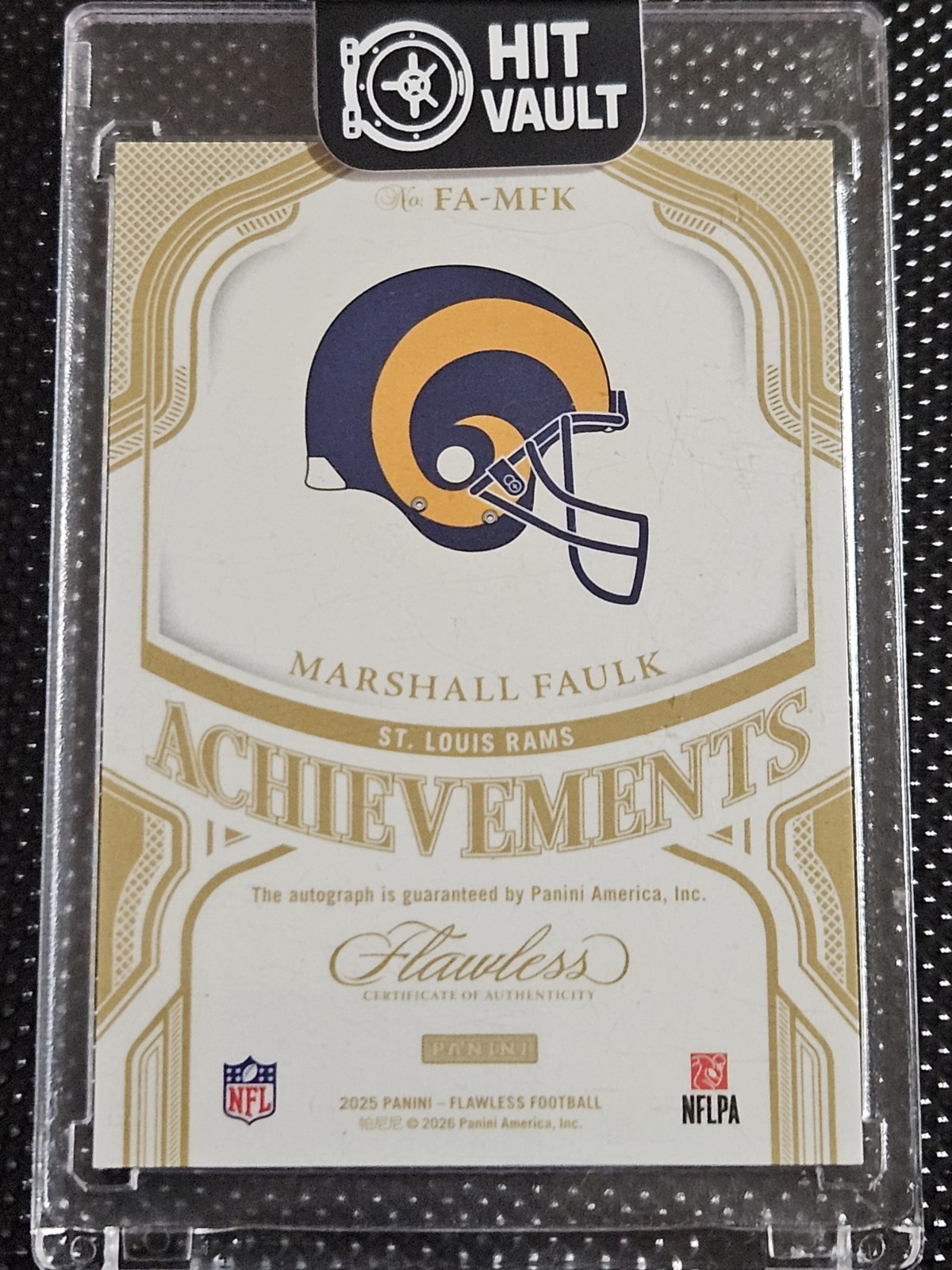 Panini Flawless 2025 Flawless Achievements Marshall Faulk Rams Auto /25 FA-MFK view 3