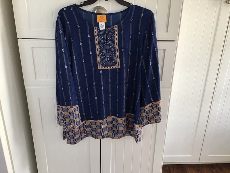 Ruby Red Petite Blue Print Stretch 3/4 Sleeve Women’s Top Size PL
