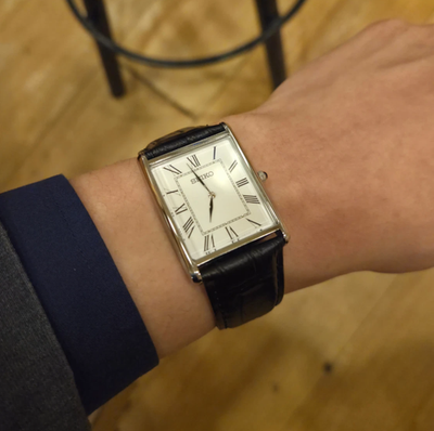 Seiko SWR049P1 Classic Roman Numeral Dial Black Leather Tank Watch