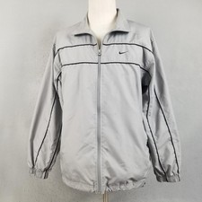 Nike Windbreaker Jacket Mens Large Gray Full Zip Mesh Lined Black Piping Swoosh