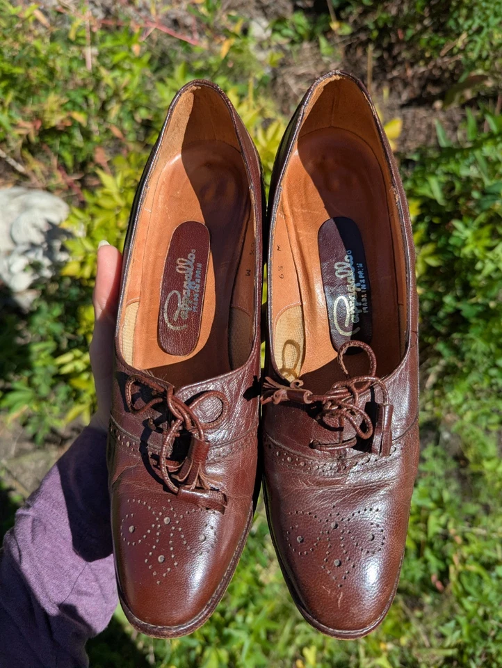 Pappagallo 皮革一脚蹬高跟鞋女式 6N 复古西班牙制造棕色方跟 — 第 4/4 张图片